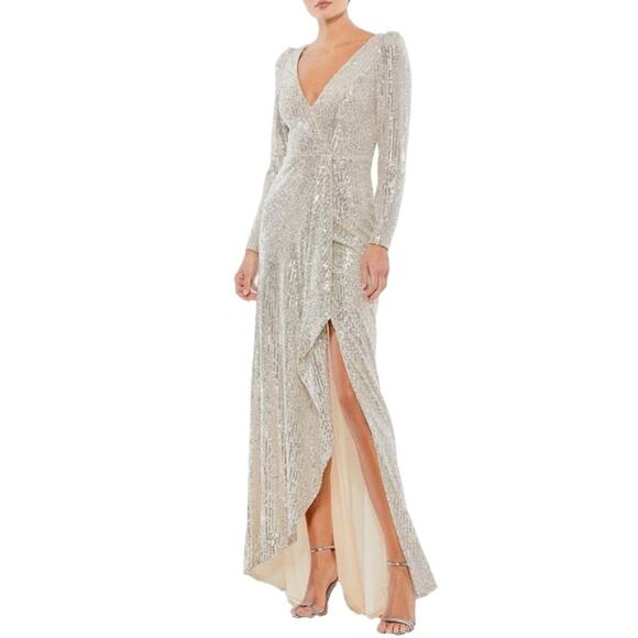 Ieena Mac Duggal Sequin Evening Gown White Champagne Leg Slit Size 16 - Picture 11 of 11